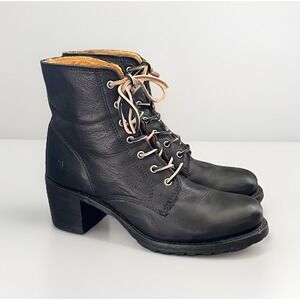 Frye Sabrina Black Leather Lace Up Block Heel Ankle Boots Womens 9M Vintage USA